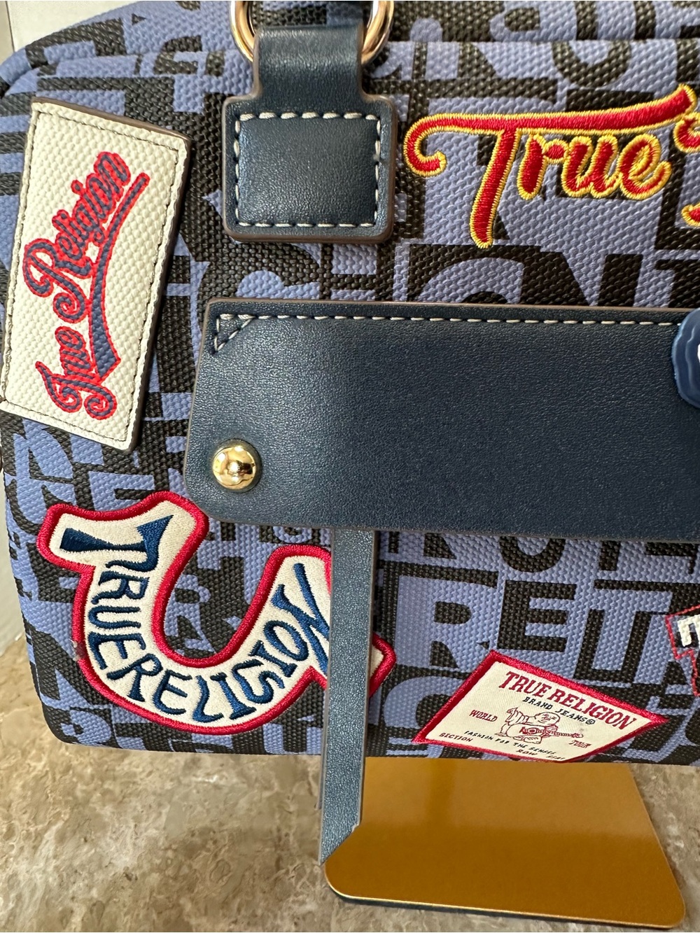True Religion Multi Patch Satchel Bag Navy Denim Crossbody Monogram Y2K NWT - Picture 5 of 14